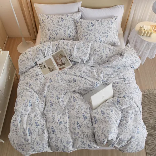 Miniatura 5 de Juego de funda de edredón blanca con estampado floral azul, juego de ropa de cama de algodón suave estilo bohemio, juego de ropa de cama estética