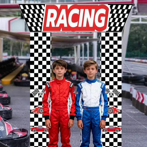 Miniatura 6 de Decoraciones para fiestas de autos de carreras, 3 piezas con temática de carreras, banderas a cuadros, para colgar en cabina de fotos de cumpleaños