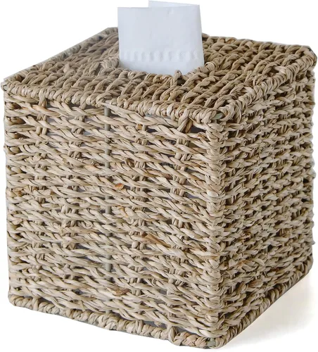 Miniatura 14 de Funda cuadrada de mimbre para caja de pañuelos, cajas de pañuelos faciales, caja de servilletas tejida a mano para baño, dormitorio, oficina, mesa