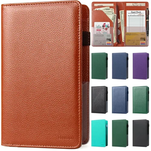 Miniatura 30 de Libreta de mesera para camarera, organizador de cuero con bolsillo con cremallera, folleto para personal de restaurante, soporte para cheques de Café