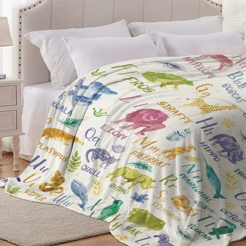 Miniatura 5 de Manta de franela con diseño del alfabeto de animales, súper suave, ligera, para niños, adultos, adecuada para sofá, cama, campamento, viajes, todas