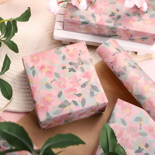 Miniatura 3 de RUSPEPA Rollo de papel de regalo floral para mujer, mini rollo, flor rosa con papel kraft de follaje, papel de regalo vintage gris para cumpleaños