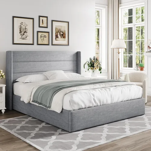 Miniatura 7 de Allewie Cama de almacenamiento elevable de tamaño completo, cabecera moderna con respaldo alado, soporte hidráulico, no necesita somier, gris claro