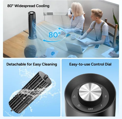 Miniatura 5 de DR.PREPARE - Ventilador de torre, ventilador de escritorio silencioso de 28 dB, 3 velocidades, oscilación de 80°, diseño sin aspas lavable