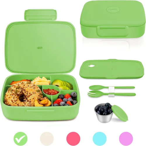 Miniatura 10 de Lonchera Bento, contenedor de almuerzo de 5 compartimentos para niños y adultos con taza de aperitivos, cajas de fibra de trigo ecológicas con doble