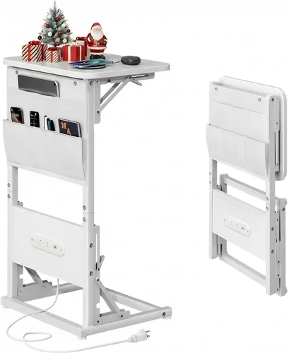 Miniatura 11 de HLDIRECT - Mesa auxiliar en forma de C con estación de carga, mesa lateral para sofá con bolsa de almacenamiento, bandeja para TV ajustable