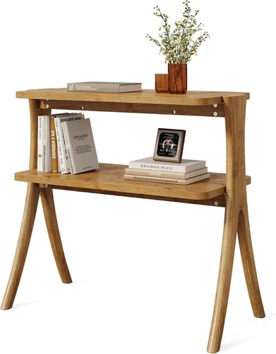 Miniatura 4 de LITTLE TREE Mesa auxiliar estrecha, mesa de centro de 2 niveles estilo granja con patas de madera maciza, mesa auxiliar pequeña, ahorradora