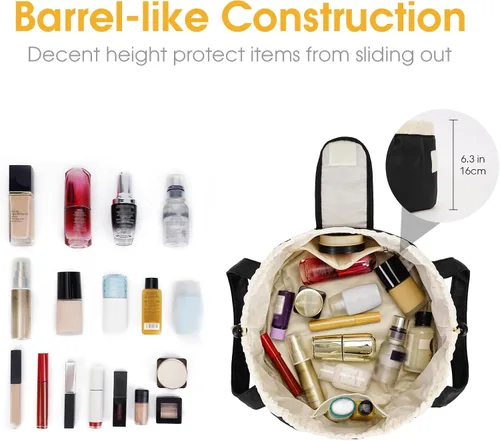 Miniatura 2 de Bolsa de maquillaje con cordón en forma de barril grande, bolsa de cosméticos, organizador de artículos de tocador para mujeres, A-Negro
