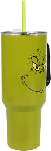 Miniatura 3 de Bioworld Grinch Grinning Face - Vaso de acero inoxidable con asa (40 onzas), color verde Grinch Sonriendo Cara