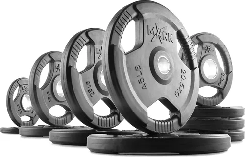Miniatura 10 de XMARK TRI-GRIP - Par o juego de discos de peso olímpicos, pesas de ejercicio con revestimiento de goma para barra olímpica, juego de pesas
