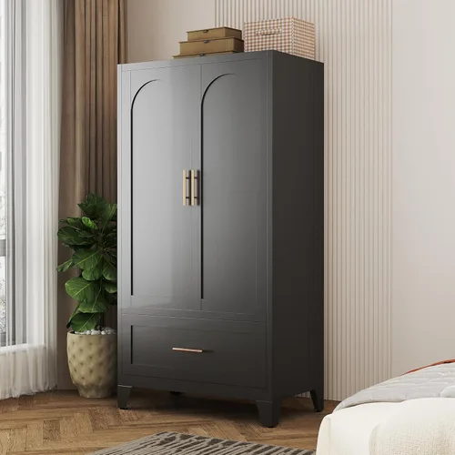 Miniatura 7 de Armario Ropero de Metal de 60" con 1 Cajón, Closet Alto Independiente Arqueado de 2 Puertas para Almacenamiento de Ropa con Estantes Ajustables