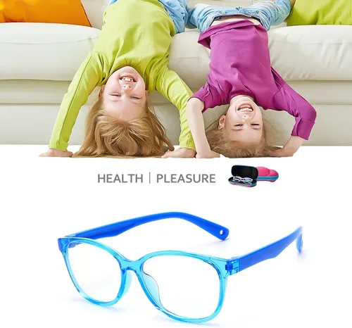 Miniatura 6 de Gafas de luz azul para niños y niñas con bonita funda de automóvil, protección UV400, antirayos azules, edades de 3 a 12 años Azul transparente