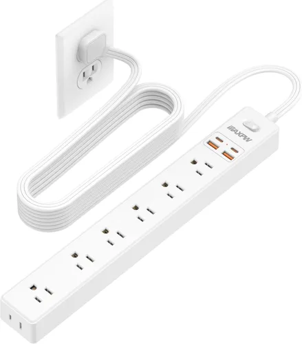 Regleta protectora contra sobretensiones de 10 pies, 7 tomacorrientes, 4 puertos USB (2 USB C), cable de extensión plano ultrafino y enchufe plano,