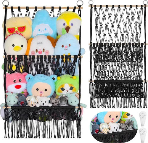 Miniatura 15 de Red de almacenamiento de animales de peluche de 2 niveles, 17 x 32 pulgadas, organizador grande de animales de peluche para pequeños rellenos