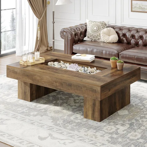 Miniatura 14 de LVB - Mesa de café negra, mesa de sala moderna de madera con LED y almacenamiento, mesa central única de gran tamaño y forma rectangular con luz