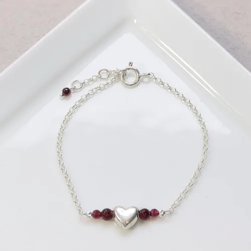 Miniatura 11 de 925 Sterling Silver Gemstone Bracelet - 3mm Gemstone Round Beads with Heart Silver Charm - 16-18cm Length - Gemstone Jewelry for Women - Perfect for