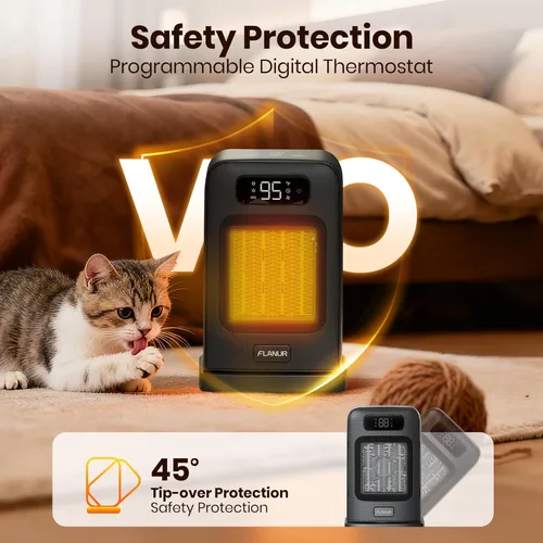 Miniatura 3 de FLANUR Calentadores de espacio para uso en interiores, calentador de escritorio pequeño de 1500 W con control remoto, termostato, 4 modos, Negro