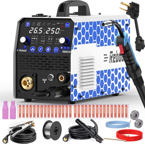 Soldador MIG Reboot 250Amp 120V/240V RBM2500 PRO, máquina de soldar multiproceso 8 en 1 con modos de soldadura de aluminio dual, compatible con MIG