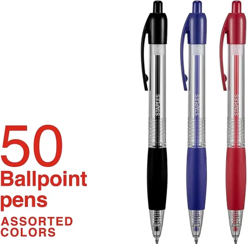 Miniatura 2 de STAPLES Bolígrafos retráctiles, punta media de 0.039 pulgadas, colores de tinta surtidos, paquete de 50 bolígrafos de escritura a granel