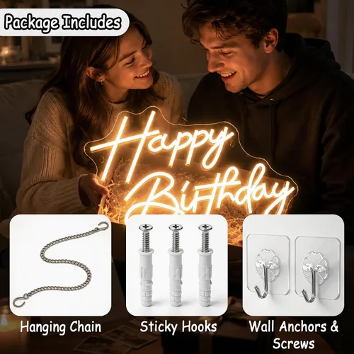 Miniatura 5 de Letrero de neón de feliz cumpleaños, luces de neón LED regulables, para fiesta de cumpleaños, letreros de neón para decoración de pared, alimentados
