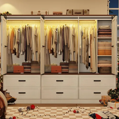 Miniatura 13 de Armario de guardarropa de granja con 4 puertas, armario de dormitorio con puerta corrediza plegable estilo granero y luces, armario de dormitorio
