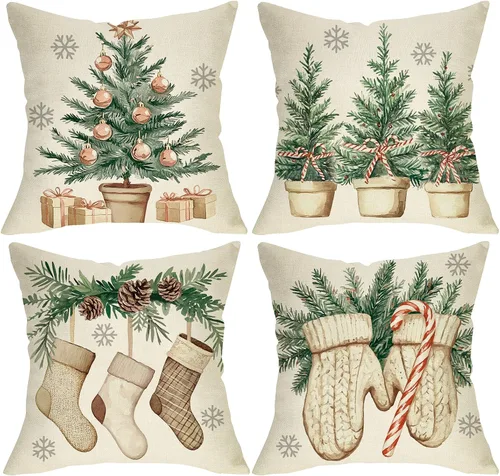 Juego de 4 fundas de almohada decorativas para árbol de Navidad de invierno, 18 x 18 pulgadas, con medias de manoplas, regalos para porche,