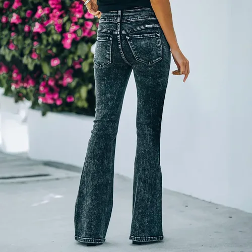Miniatura 6 de Jean Pants for Women Cut up Pocket Women's Trousers Flared Wide Button Skinny Leg High Waist Jeans 2022 Jeans