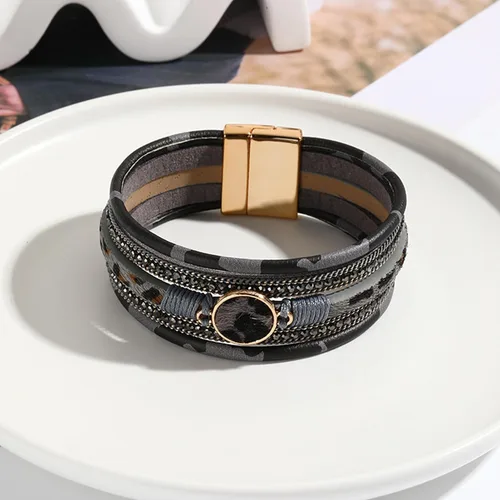 Miniatura 2 de Long tiantian Pulsera de leopardo para mujer, pulsera apilada con cierre multicapa de cuero bohemio con cristal de perla
