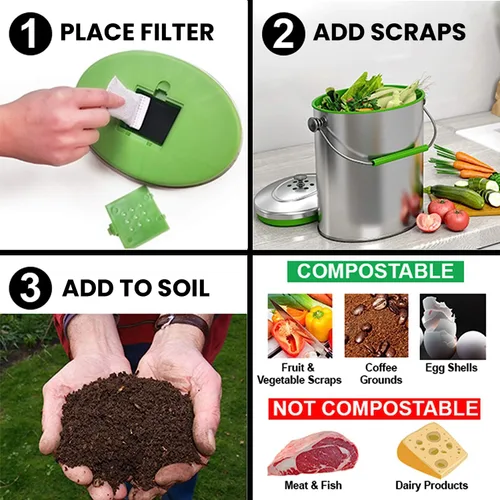 Miniatura 5 de iTouchless Contenedor de compost de acero inoxidable de 1.6 galones, incluye sistema de filtro de olores AbsorbX, titanio, libre de óxido