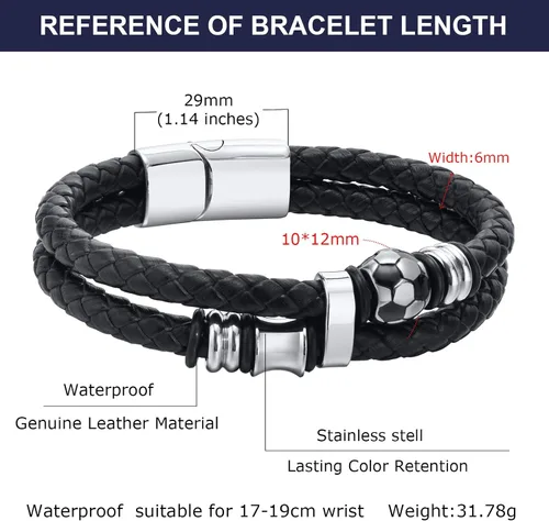 Miniatura 5 de TempBeau Pulsera de cuero genuino de fútbol para hombre, pulsera de cuero trenzado para niño, pulsera de cuero negro, regalos para papá, Acero