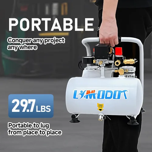 Miniatura 5 de Limodot Compresor de aire ultra silencioso, solo 60 dB, tanque de acero de 1 galón, sin aceite, compresor de aire eléctrico perfecto para clavado