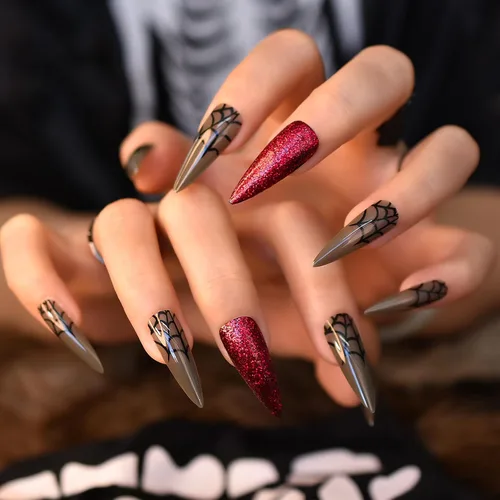 Miniatura 8 de ELEVENAIL Uñas postizas a presión de Navidad con purpurina azul oscuro, diseño de copo de nieve y diamantes de imitación de Navidad, longitud media