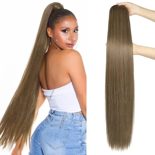 Miniatura 14 de SEIKEA Extensiones de cola de caballo con cordón, larga y recta, cola de caballo falsa, natural, suave, extensiones de cabello sintético resistente