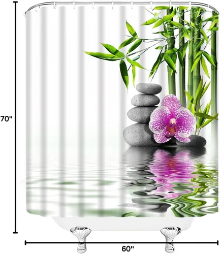 Miniatura 9 de Cortinas de ducha Zen de bambú verde flor púrpura reflejo de piedra agua paisaje spa jardín patrón impresión baño accesorios cortina juego