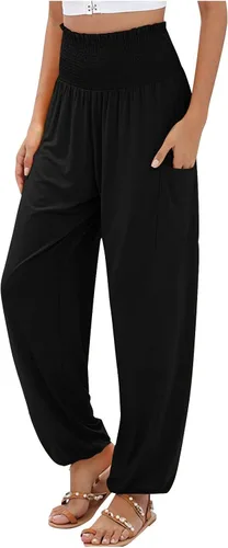 Bemona Women's Pants, High Waist Baggy Sweatpants Joggers with Pockets Casual Flowy Boho Yoga Lounge Trousers Pants