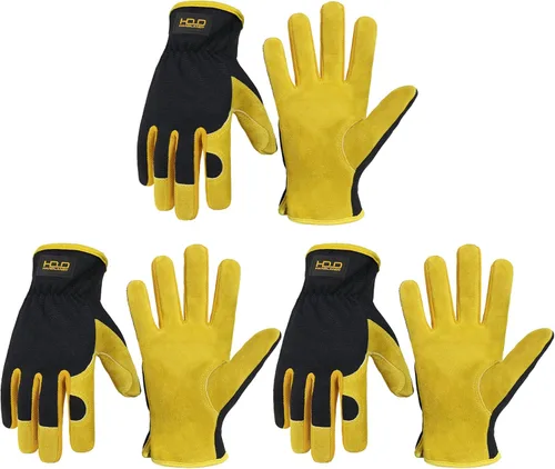 HANDLANDY Guantes de jardinería de cuero para hombre, guantes de trabajo utilitarios para mecánicos, construcción, conductor 3 pares amarillo