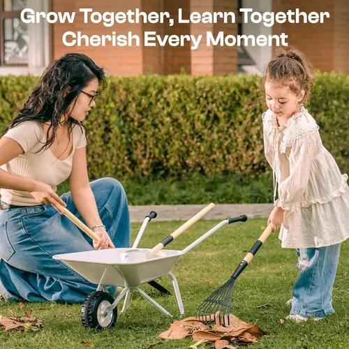 Miniatura 5 de ROBOTIME Carretilla para niños con juego de jardinería – Carretilla de metal para niños pequeños, juguete de juego al aire libre con herramientas