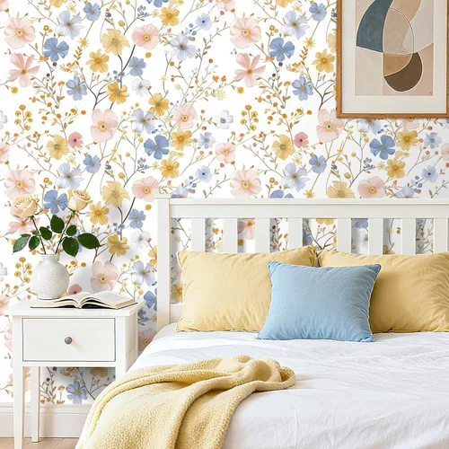 Miniatura 3 de FunStick Papel tapiz floral de acuarela para despegar y pegar, papel tapiz de flores silvestres extraíble, prepegado, blanco, azul, amarillo, rosa