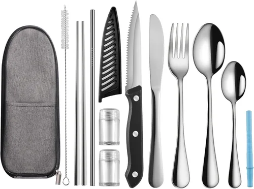 Logcow Utensilios de Viaje con Estuche, Utensilios Reutilizables, Juego de Cubiertos Portátiles de Viaje para Camping, Juego de Cubiertos de Acero