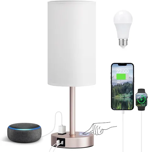 Miniatura 13 de Fenmzee Juego de lámparas de mesa pequeñas táctiles regulables de 2 a 3 vías, carga USB A + C, salida de CA, base de grano de madera, bombillas