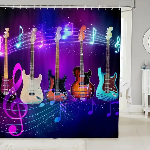 Erosebridal Cortina de ducha de guitarra de 72 pulgadas de ancho x 72 pulgadas de largo, cortina de baño con notas musicales coloridas para niños,