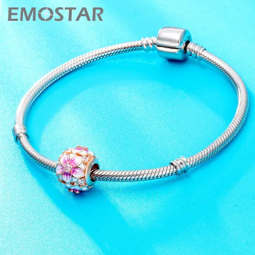 Miniatura 2 de Los dijes de flores y trébol se adaptan a la pulsera europea Valentiens, dije de flor de magnolia de oro rosa, trébol, copo de nieve brillante