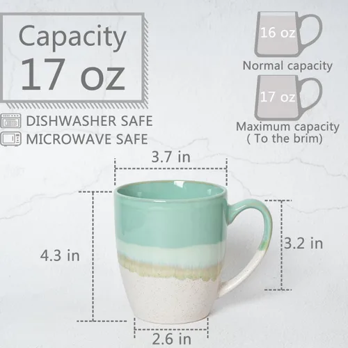 Miniatura 2 de Bosmarlin Juego de 4 tazas de café de cerámica, 17 oz, tazas de café con asa grande, aptas para microondas, esmalte reactivo único Verde menta