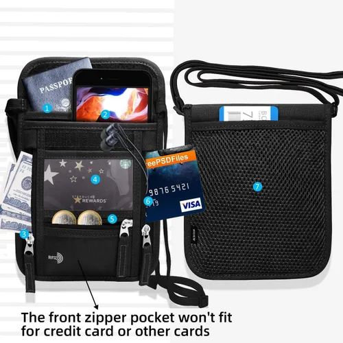 Miniatura 5 de WALNEW Soporte para pasaporte para el cuello cartera de viaje con bloqueo RFID 7 bolsillos con correa ajustable para el cuello para mantener tu