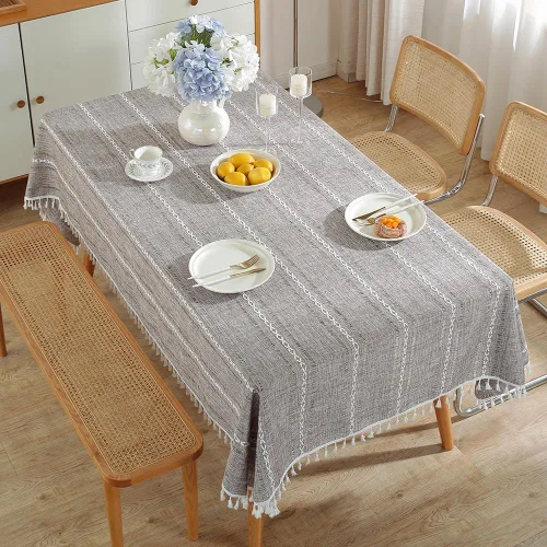 Miniatura 3 de meioro Mantel rústico, mantel rectangular de algodón texturizado de lino con borla, mantel de tela resistente para granja con bordado de rayas