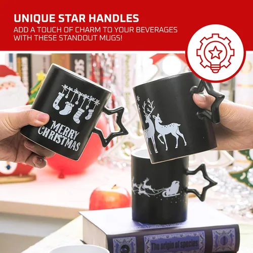 Miniatura 3 de Bruntmor Tazas de café negras con mango de estrella, juego de 6 tazas grandes de 14 onzas para vacaciones de Año Nuevo, tazas decorativas