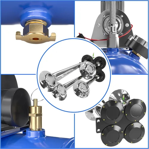 Miniatura 3 de Kit de bocina de aire de tren de 150 DB, kit de 4 bocinas de tren ruidosas para compresor de aire de 150 PSI 12V 1.59 galones para camiones, Azul