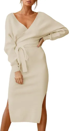 Cutiefox - Elegante vestido cruzado ajustado de punto midi, tipo suéter, con cuello en V y cinturón de manga larga para mujer