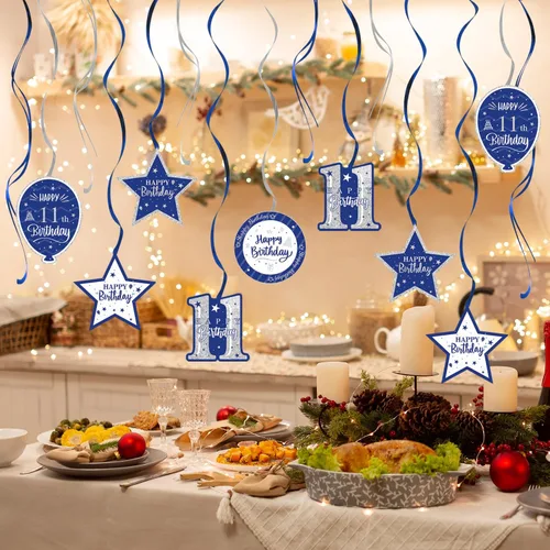 Miniatura 7 de Decoración de fiesta de serpentinas con purpurina azul y plateada de feliz 11º cumpleaños, 15 piezas de remolinos colgantes de 11 cumpleaños, cartel