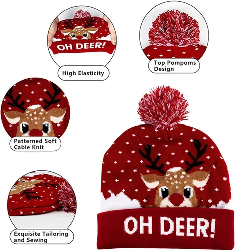 Miniatura 3 de LED Christmas Hat Red, Light Up Christmas Hat Beanie Holiday Hat with Cute Deer
